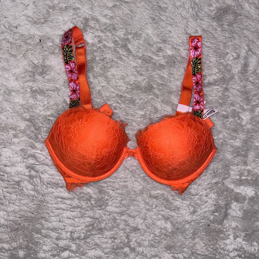 Victoria's Secret Orange Lace Bra with Floral Straps